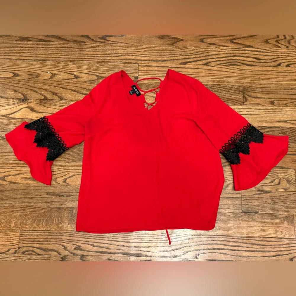 A. Byer Red Bell Sleeve Blouse w/ Lace-Up Back & Black Trim – Size Large